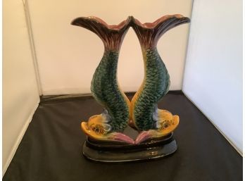 Majolica Double Dolphin Fish Bud Vase Made In Japan - Amazing!