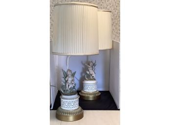 Pair Of French Rococo Style Porcelain Figure Lamps MCM Mid Century Modern