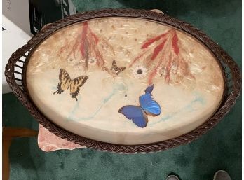 Tray Wicker And Wood With Butterflies And Dried Flowers Inlaid