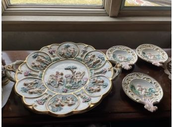 Large Platter Ornate Cartouches And 3 Small Plates - DRS Capodimonte Naples Vintage