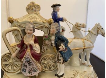 1940s Vintage Antique Porcelain Statue, Horse And Carriage Figurines