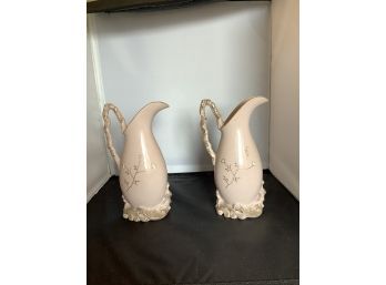 Pair Of Vintage Lavender Pitchers With White And Gold Design And Rhinestone Accents