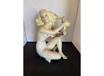 Giovanni Ronzan Hand Painted Porcelain Harpist Figurine 1950s Vintage