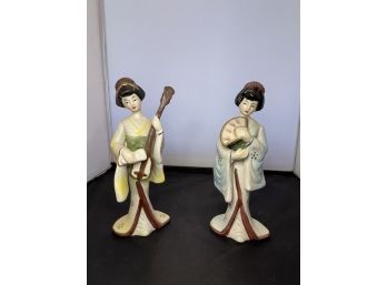 Pair Of Geisha Figurine Woman Women Playing Mandolin And Holding A Fan  Japanese Porcelain Figure Antique