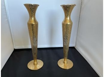 Daisy Fields All-Over Gold Encrusted Tall Bud Vase Circa 1950s By Lotus Glass Decorators (Set Of 2)