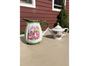 Vintage Handpainted Teapot And Pitcher