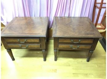 Pair Vintage Bassett Furniture Inlaid Burl Wood End Tables