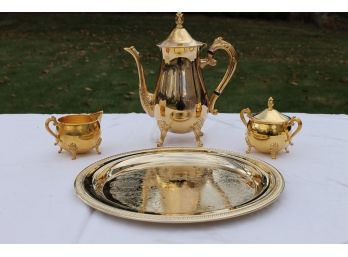 Vintage Leonard Gold Plated Tea/Coffee Set With Coffee/Tea Pot, Sugar, Creamer And Tray