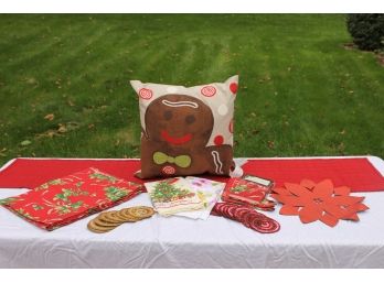 Set Of Christmas Decor Including Cotton Tablecloth, Runner, Napkins, Coasters, Gingerbread  Etc.