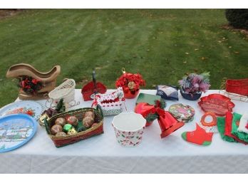 Holiday Lot Of Decorator Items Including Trays, Tins, Bells, Baskets & More