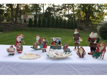 Lucky 13 Piece Group Of  Vintage Collectible Santa's Including Rare Black Santa With Ceramic Plate, Music Box Etc.