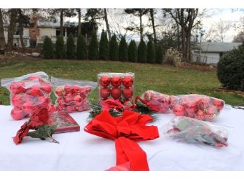 Lot Of Holiday Time Ornaments (Mostly Red) & Floral Decor Items