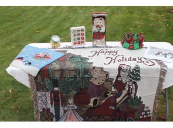 Holiday Items With Towel, Tray Warmer, Ornaments, Doll And A Beautiful Holiday Throw
