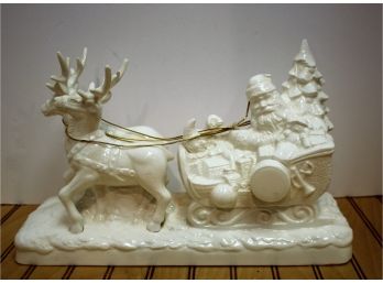 White Porcelain Santa Claus, Reindeer & Sleigh Music Box