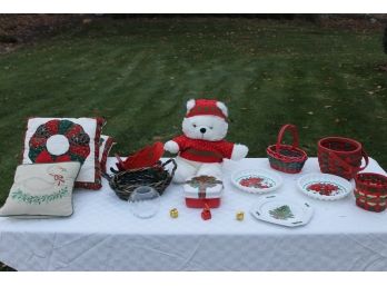 Seasonal Lot Includes 1987 Stuff Christmas Bear, Baskets, Glassware, Pillows & More