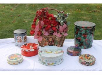 Lot Of Seven Holiday Tins And A Beautiful Floral Poinsettia Merry Christmas Basket