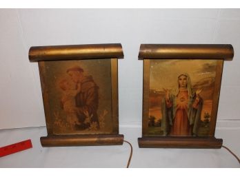 Vintage And Very Collectible Set Of Brass Lighted Religious Mary, Joseph & Baby Jesus Portraits