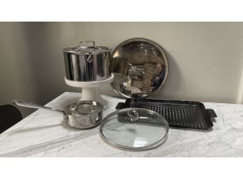 Mixed Lot Of Kitchen Items - All-clad 4.5 Quart Stock Pot, All-clad Sauce Pot, Veggie Grill Tray And More