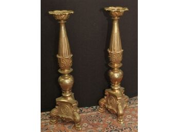 A Pair Of Old  Solid & Heavy Brass Altar Candlestick - Alpha / Omega  30'H X 10'