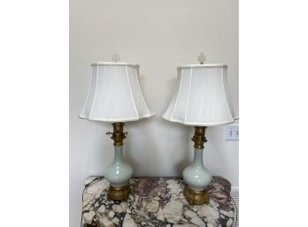 A Pair Of Vintage Porcelain Celadon Lamps  On Brass Base With Jadeite Finial  -  6'diameter C 31'h To Finial