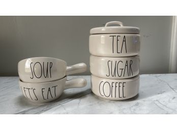 Rae Dunn Stacked Coffee, Tea Sugar Canister & 2 Soup Bowls