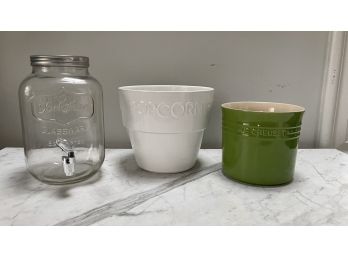 LeCreuset Green Utensil Crock 2.75 Quart,Popcorn Bowl & Small Glass Drinks Dispenser