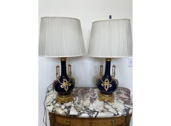 A Pair Of Stunning  Antique Cobalt Blue Ormolu Mounted Table Lamp - 9' Diameter X 28'h