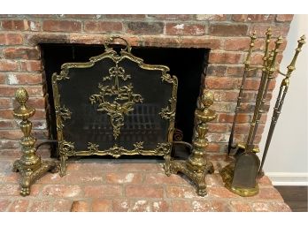 An Antique Brass / Bronze Fireplace Set -  Rococo / Baroque Style  - Screen, Andirons, Tools