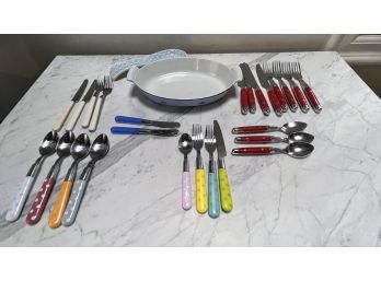 A Group Of Kitchen Items - Mixed Silverware , DRU Blue Baker & Spoon Rest