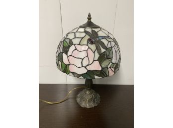 A Vintage Tiffany Style Accent  Lamp - 12' Diameter X 19'h - Dragonfly, Flowers, Pinks Greens