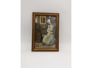 Framed Ella Dolbear Lee Print - Woman Holding Child In Kitchen With Cat