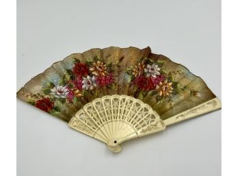 Vintage Lucite Hand Fan With Hand Painted Floral Design, Signed V. Jose Gil Blay