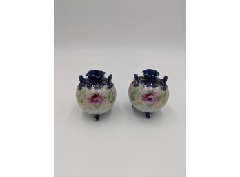 Pair Of Small Round Painted Ceramic Asian Vases With Feet