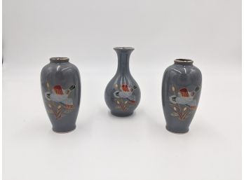 Set Of Three Small Vintage Japanese Vases With Ducks
