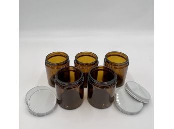 Brand New Set Of Five 6 Oz Amber Glass Straight Sided Jars With Tops