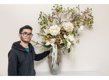 Mottled Glass Vase With Fuax Plants