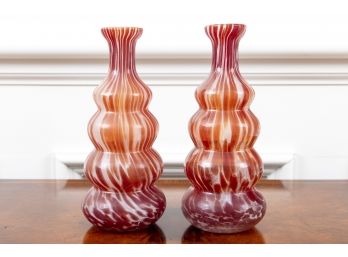 Pair Of Gourd Mottled Rose Glass Bud Vases