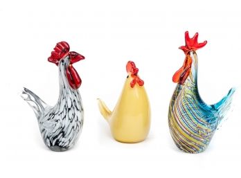 Three Art Glass Roosters