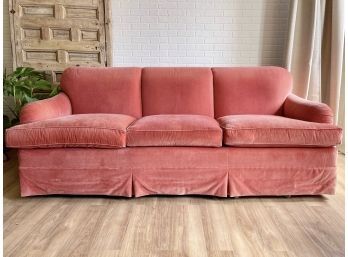 Velvety Soft Coral Upholstered Roll Arm Skirted Sofa