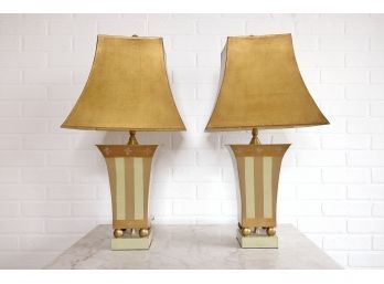 Pair Of Fabulous World's Away Painted Stripe Lamps With Gold Finish