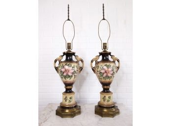 Pair Of Vintage Hand Painted Trophy / Urn Style Ceramic Lamps With Gold Leaf Floral Detail