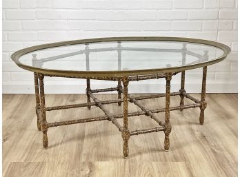 Vintage Mid-century Glass Tray Top Cocktail Table With Metal Bamboo Base