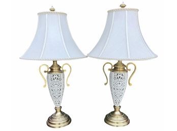 Lenox By Quoizel Reticulated Pierced Porcelain Brushed Brass Table Lamp Original ShadeS - A Pair