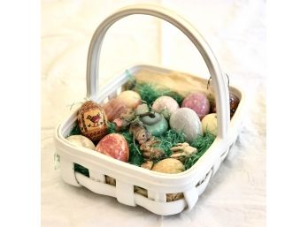 Lot Of Italian Handcrafted Alabaster And Stone Eggs With Basket And Figurines