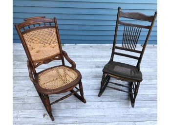 Pair Of Antique Wood And Rattan Rocking Chairs