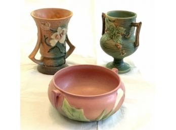 Set Of 3 Vintage Roseville Pottery Vases (Iris, Pine Cone, Lily)