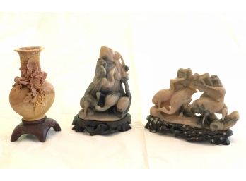 Lot Of 3 Antique Chinese Soapstone Sculptures (2 Heron Sculpture And 1 Vase)