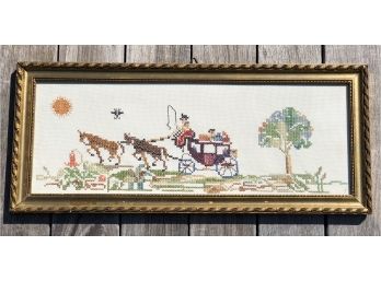 Vintage Needle Point Tapestry Of Horse Carriage