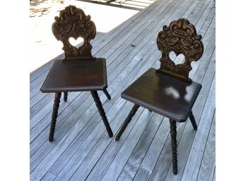 Pair Of Antique Hand Carved Wooden Bavarian Pub Chairs