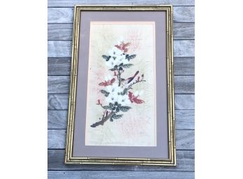 Vintage Signed Painting On Silk Of Bird In Tree